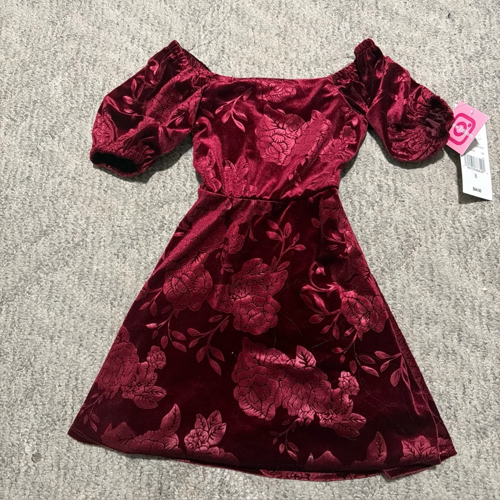 Rare Editions Burgundy Velvet Floral Dress Girls Size 8 Puff Sleeve Party NWT